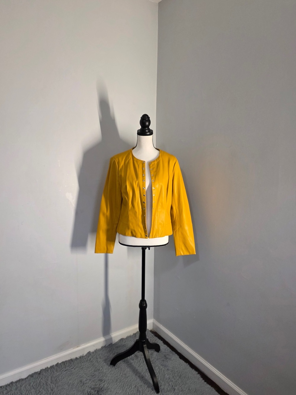 Zara Yellow Leather Collarless Snap-Front Jacket